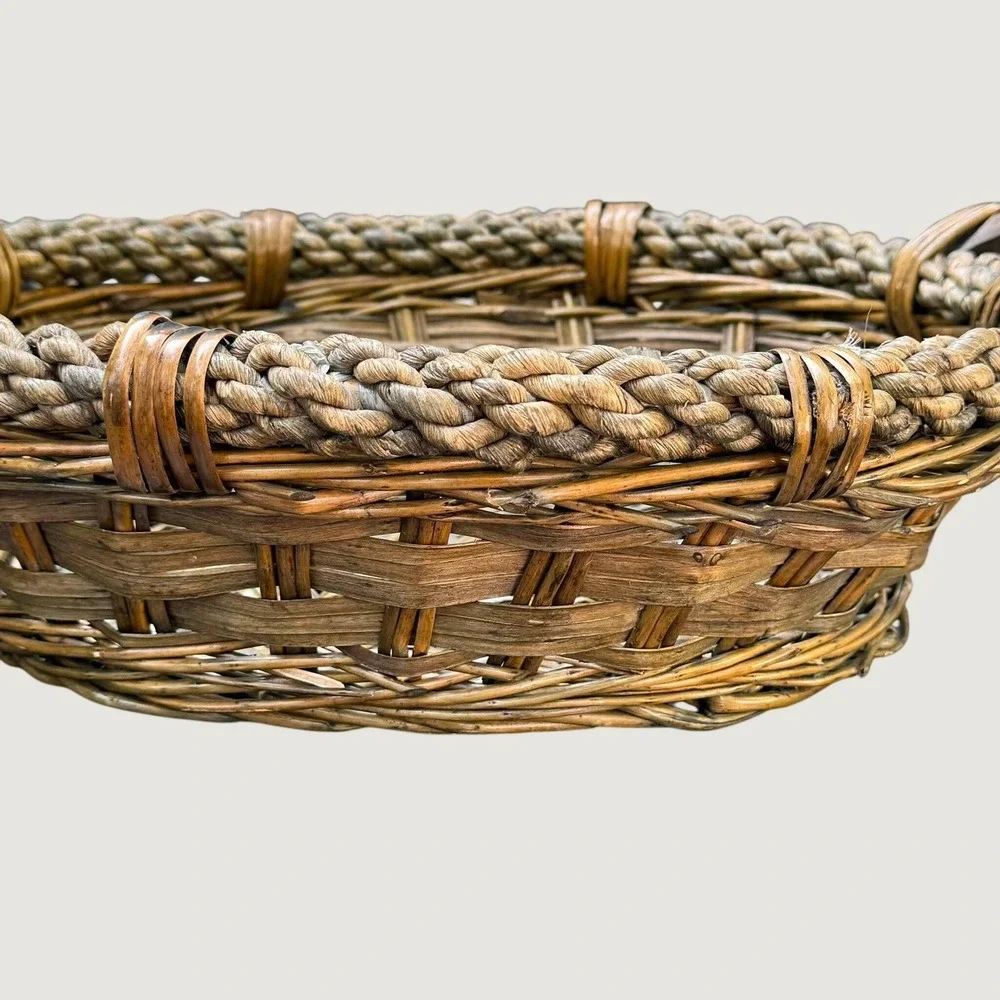 Rustic Woven Wicker Basket with Braided Vine Rim and Wooden Handles Oval Tray